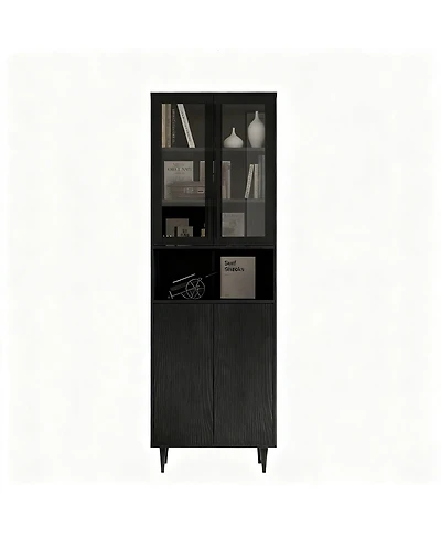 Yigii Glass Door Bookshelf 5-Tier Display Cabinet Narrow Storage Bookcase