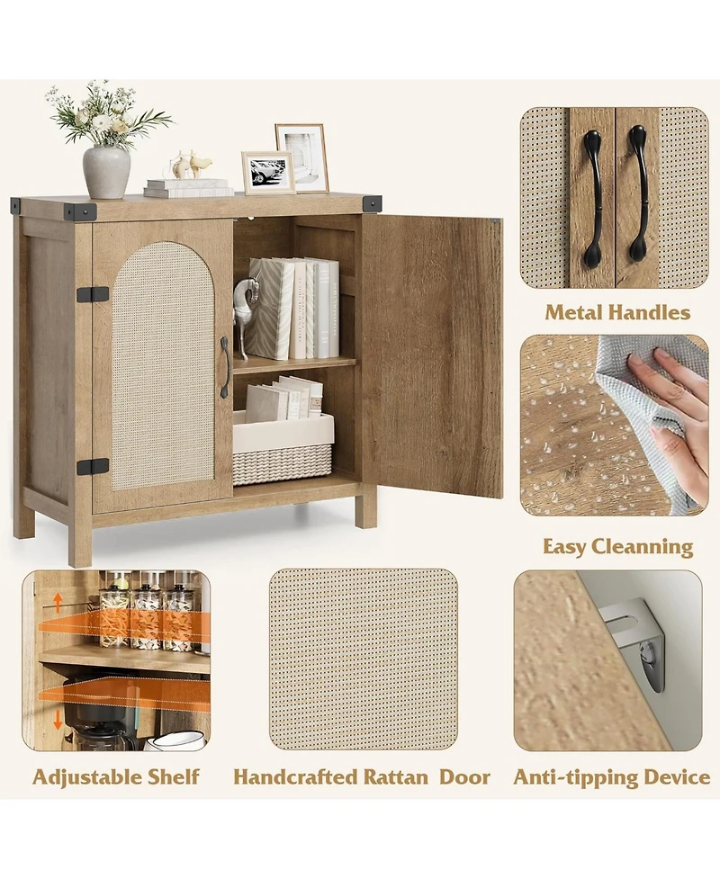 gaomon 31.5 Inch Rattan Buffet Cabinet 2 Doors Adjustable Shelves Natural