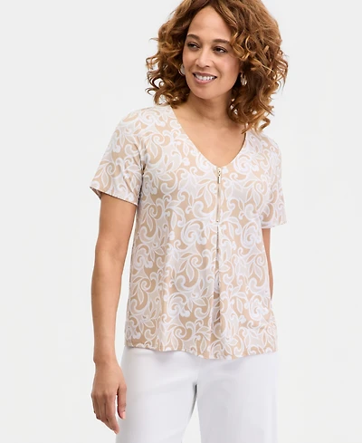 Jm Collection Women's Printed Front Zipper V-Neck Top, Macy's Exclusive