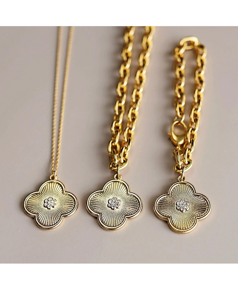 Bowood Lane 25mm Clover Charm with Micro Pave Cz Center On A Gold Plated Oval Chain Necklace
