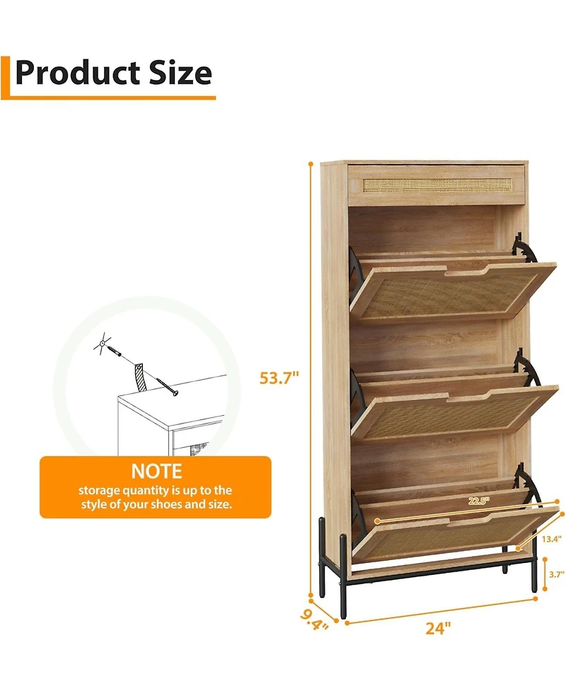 gaomon Rattan Shoe Cabinet with 3 Flip Doors and Drawer Freestanding Shoe Organizer with Adjustable Shelves
