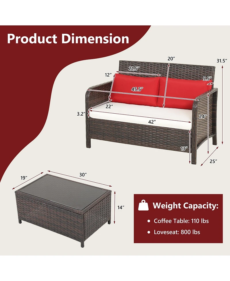 Gymax 2PCS Patio Pe Wicker Rattan Loveseat Sofa Set w/ Coffee Table & Cushions