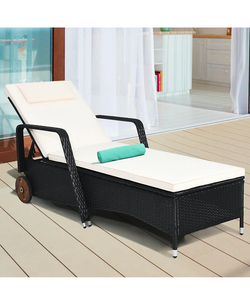 Slickblue Reclining Outdoor Rattan Lounge Chair with Adjustable Back and Wheels