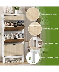 gaomon Shoe Storage Cabinet with 3 Flip Drawers Fluted Organizer Metal Legs Slim Entryway Rack and Oak
