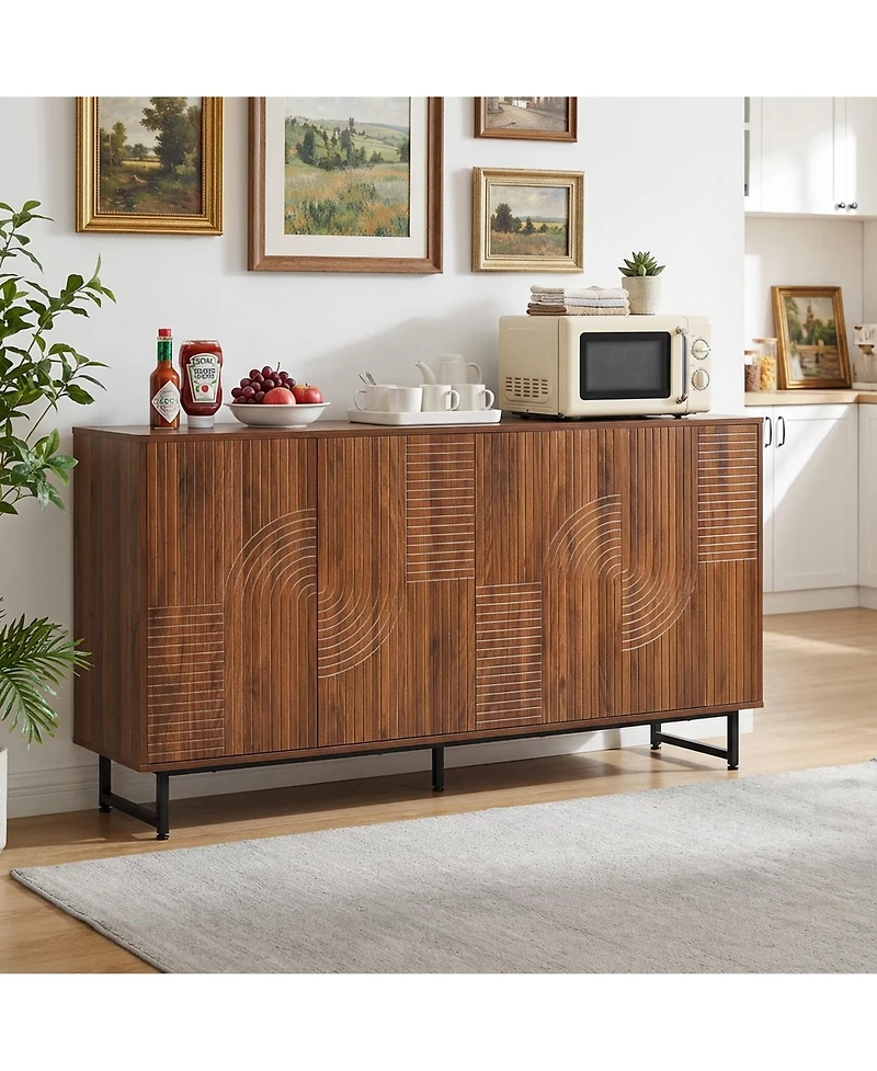 Premium Walnut Mid-Century Sideboard with Geometric Carved Doors