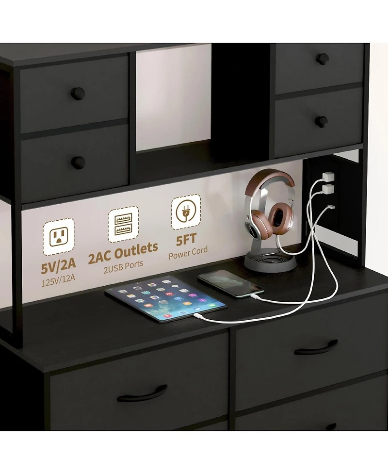 gaomon 12-Drawer Dresser with Power Outlet & Open Shelves - Led Light Wood Top Metal Frame Fabric Dresser for Bedroom