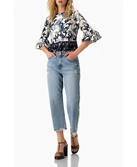 Ivonne Women's Floral Blouse with Sleeve Ruffles