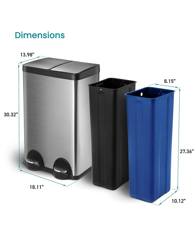 Home Zone Living 16 Gallon Dual Trash and Recycling Can with Removable Liners and Soft Close Lids, Stainless Steel