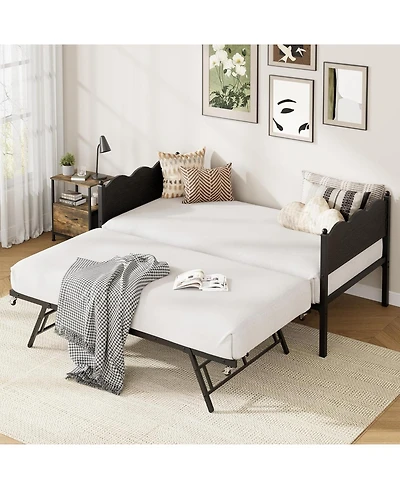 gaomon Daybed with Trundle Metal Slat Support, Lockable Casters, Wavy Wood Grain Headboard, Space-Saving Sofa Bed for Living/Guest Room