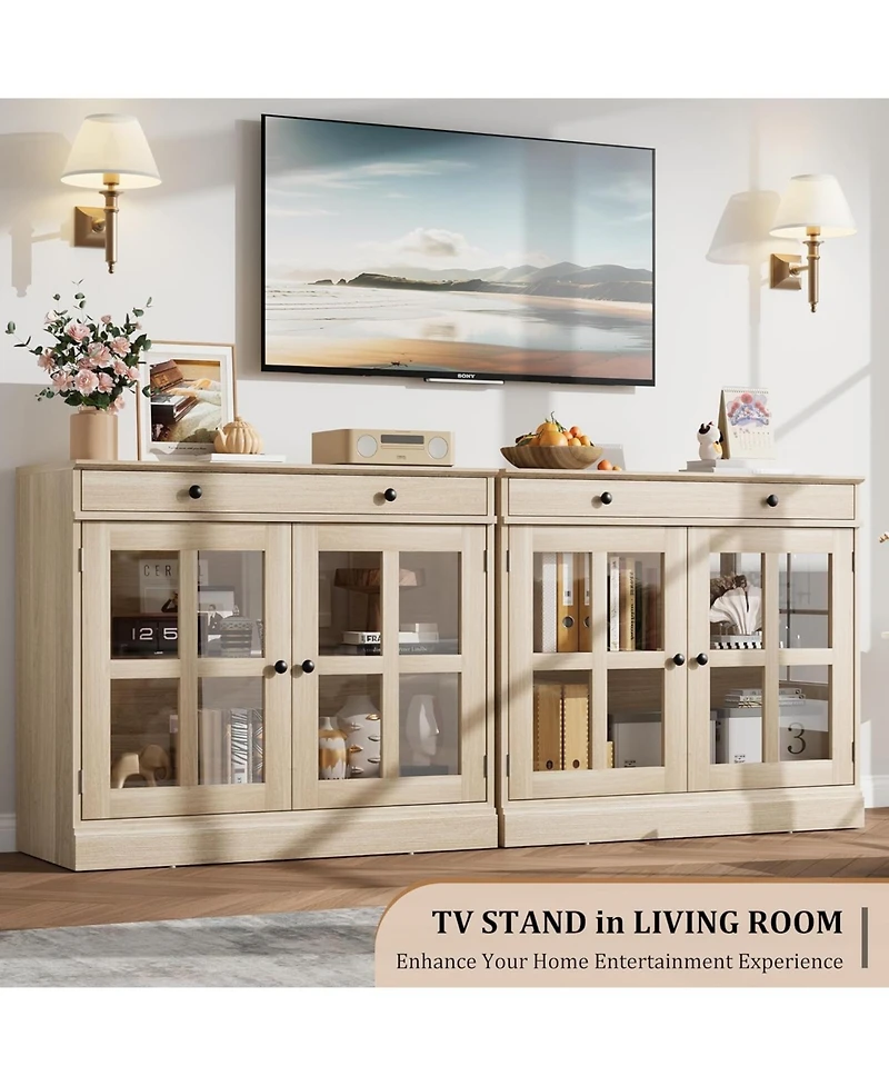 gaomon 35 Point 4 Inch Oak Sideboard Buffet Cabinet with Glass Door Modern Storage Adjustable Shelves Drawer Dining Room Kitchen