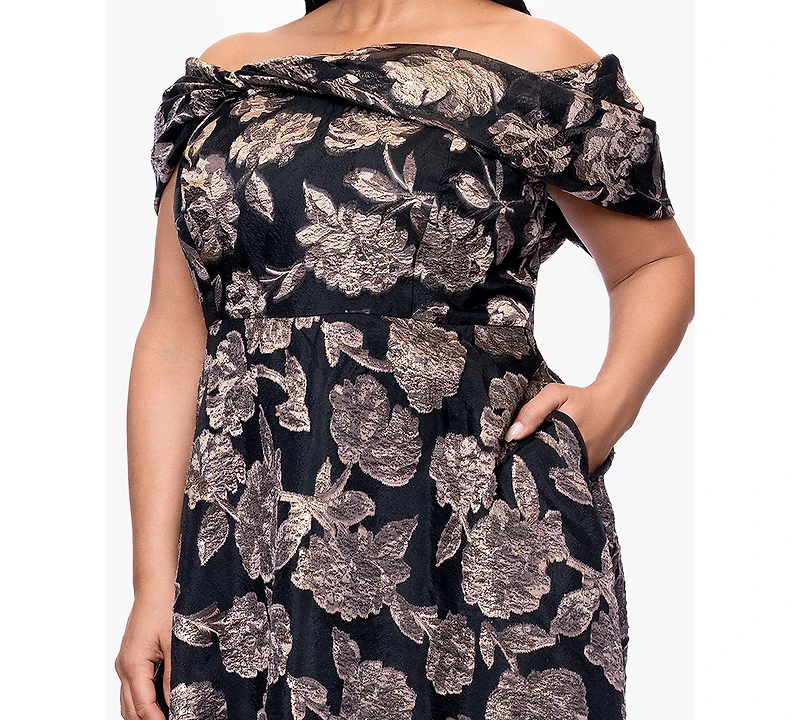 Betsy & Adam Plus Printed Off-The-Shoulder Ball Gown