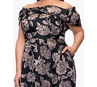 Betsy & Adam Plus Printed Off-The-Shoulder Ball Gown