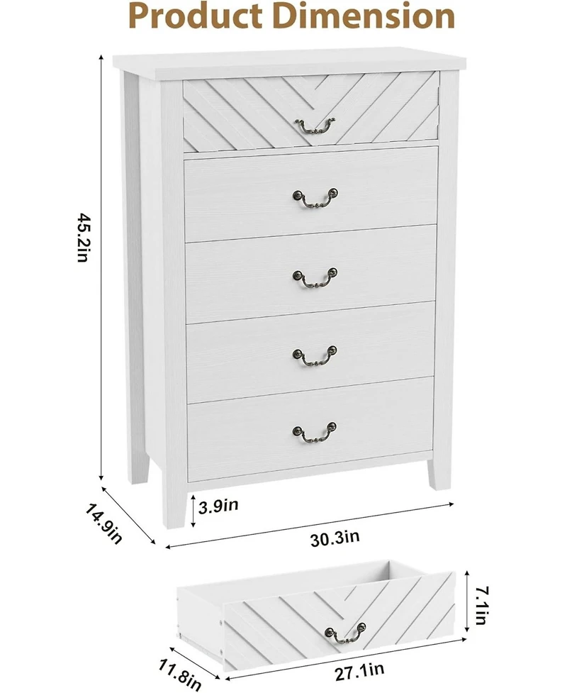 gaomon Farmhouse 5 Dresser for Bedroom, 45.2 in Tall Dresser, Vertical Drawer with Storage Freestanding