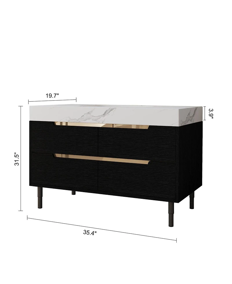 Sillysis 35.4" Modern Sintered Stone Bathroom Vanity, Free-Standing or Wall-Mounted, 4 Soft-Close Drawers, Undermount Sink-Sillysis