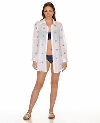 Raviya Women's Embroidery Sea Shell Button-Down Cover-Up Shirt
