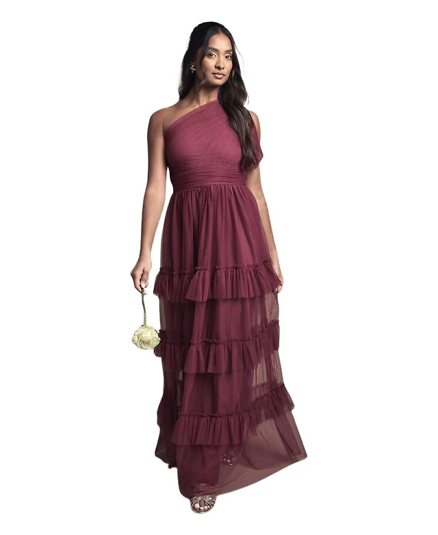 oasis pleated bridesmaid dress Oasis Women's Pleated Mesh Tiered Skirt Bridesmaid Dress With Satin Belt in Navy | Size: 4