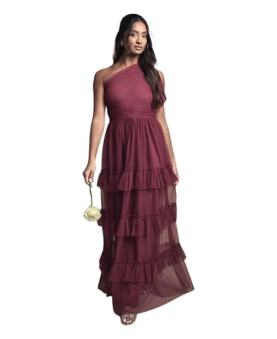 Oasis Women's Pleated One Shoulder Tiered Maxi Dress