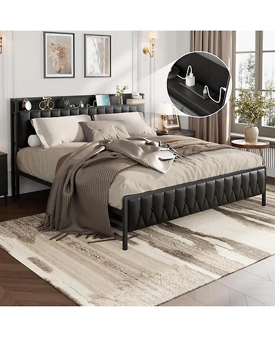 gaomon Contemporary Metal Bed Frame – King Size with Pu Faux Leather Button Headboard – Charging Station – 12" Underbed Storage
