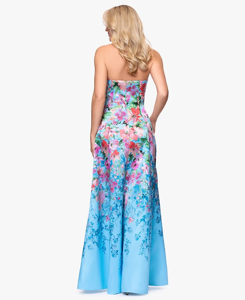 Betsy & Adam Women's Floral Print Strapless Ball Gown