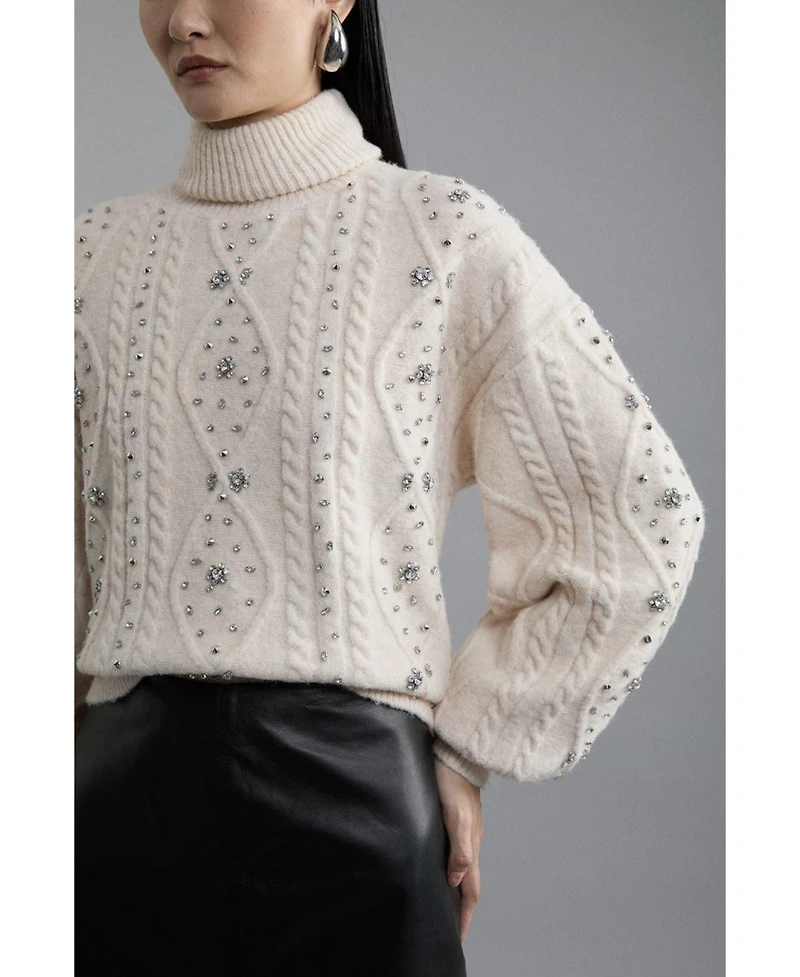 Karen Millen Women's Wool Blend Embellished Cable Knit Jumper