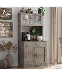 gaomon Kitchen Pantry Cabinet with Microwave Stand & Coffee Bar,Wooden Freestanding Hutch Cabinet with Adjustable Shelves and 4 Doors