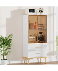 gaomon Modern Kitchen Pantry Cabinet with Drawers Glass Doors Adjustable Shelves Fluted Storage for Dining Room Home Office