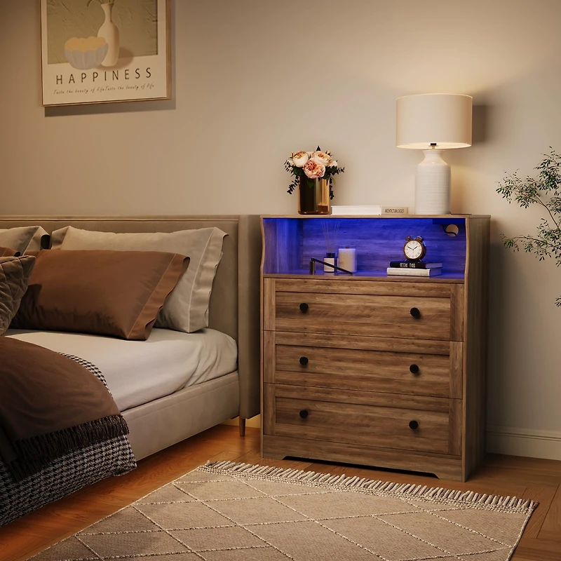 gaomon 3-Drawer Wooden Dresser with Led Lights & Charging Station, Storage Chest for Living Room & Closet.