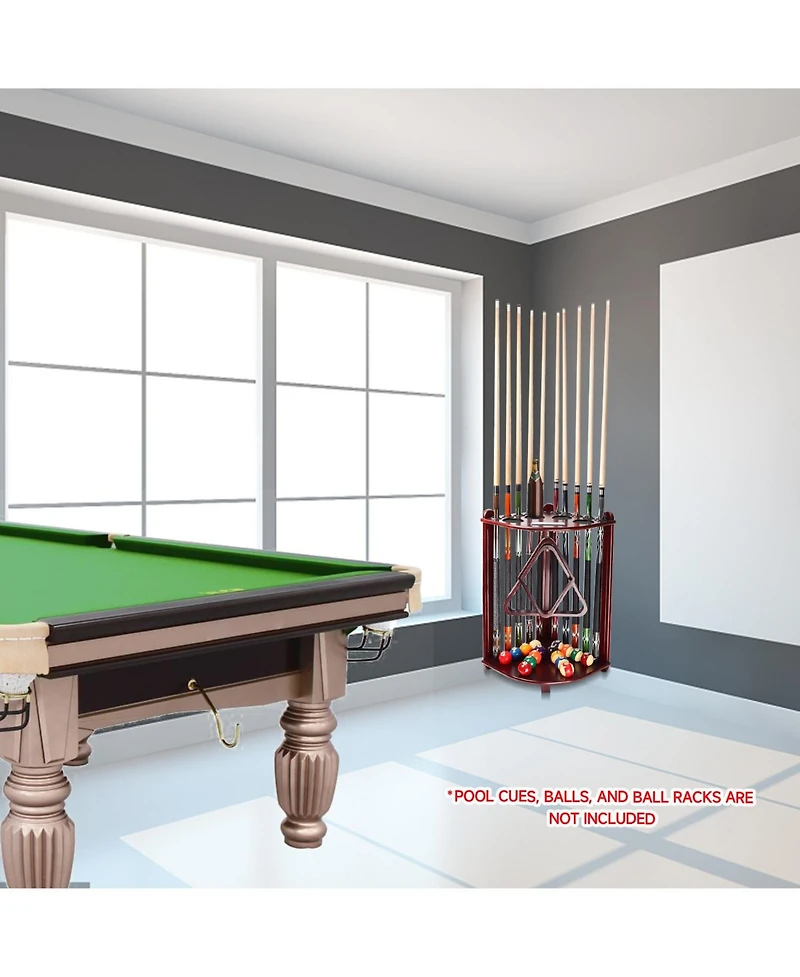 Gse Games & Sports Expert Wood 10 Corner Style Pool Cue Rack with Score Counter, Metal Hook, and Drink Holders