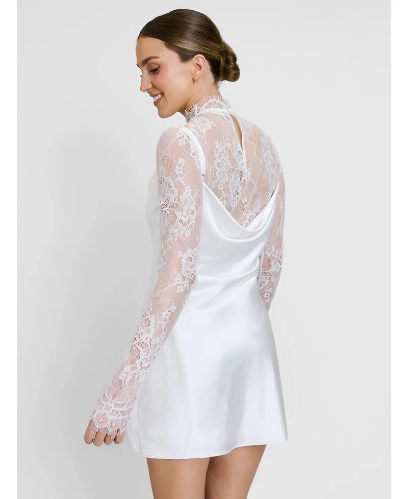 Six Stories Women's Lace Sleeve Cowl Satin Mini Dress