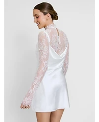 Six Stories Women's Lace Sleeve Cowl Satin Mini Dress