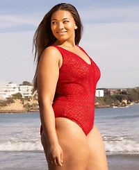 Becca Etc Plus Color Play Crochet Plunge One-Piece Swimsuit