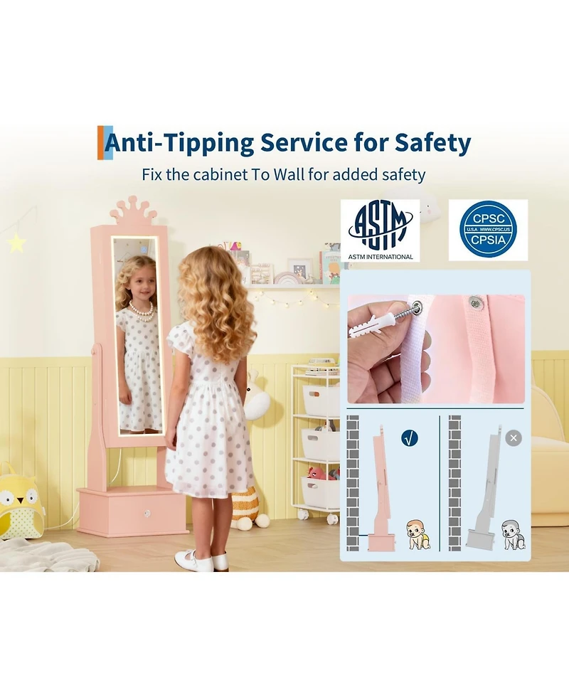 gaomon Kids Jewelry Armoire with Full-Length Mirror and Led Light