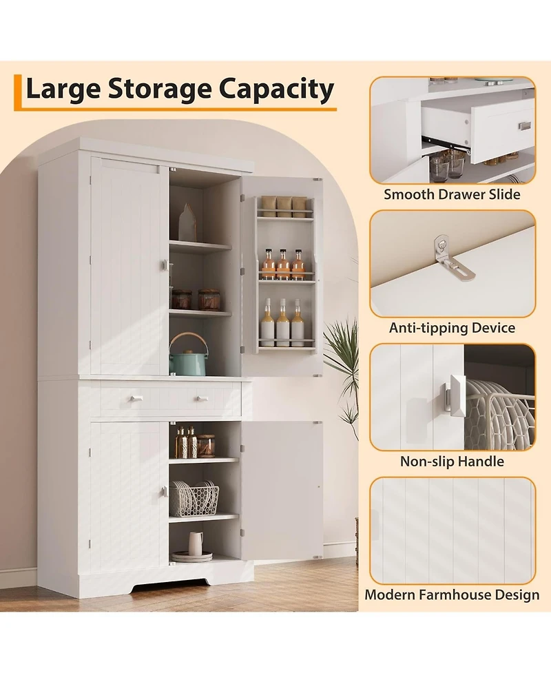 gaomon Kitchen Pantry Cabinet with Drawer, Doors and Shelves, Wood Farmhouse Storage Cabinet, Large Storage Cupboard for Living Room