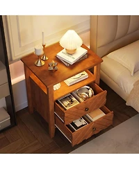 gaomon Led Night Stand with 2 Storage Drawers and Stable Wooden Legs, Farmhouse Nightstand w/V-Shaped Design & Open Storage Shelf