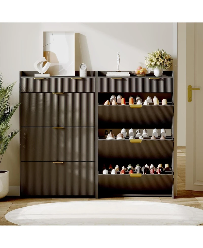 gaomon Wave Design Shoe Cabinet with 3 Slip Drawers, 2 Raised Edges, Fluted Cabinet, Slim Hidden Organizer, Wooden Storage