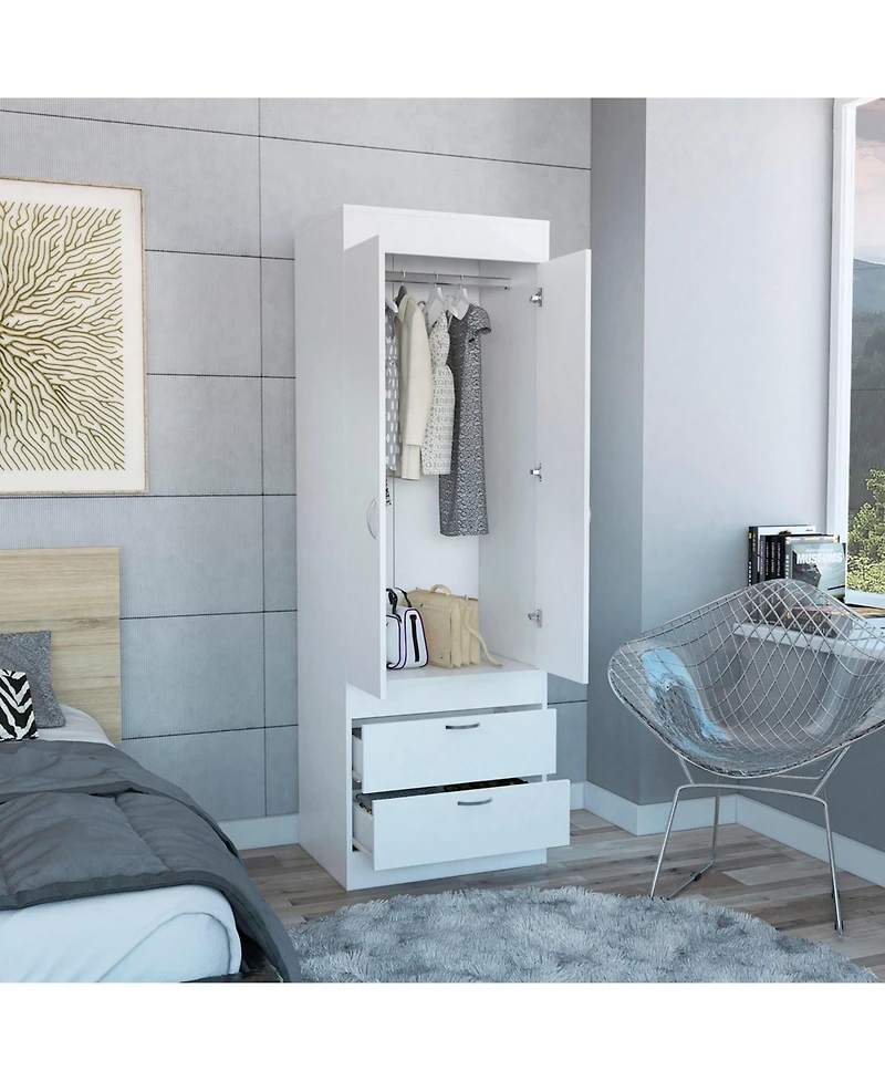 Flynama Lisboa Armoire with Hanging Rod, Double Doors, Two Spacious Drawers and Metal Handles for Bedroom Storage