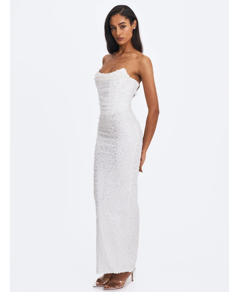 Miss Circle Women's Myra White Beaded Mesh Strapless Wedding Dress