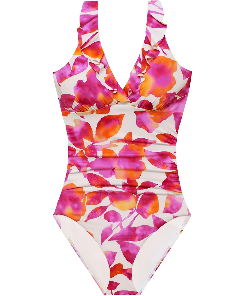 Lauren Ralph Women's Ruffle V-Neck One-Piece Swimsuit