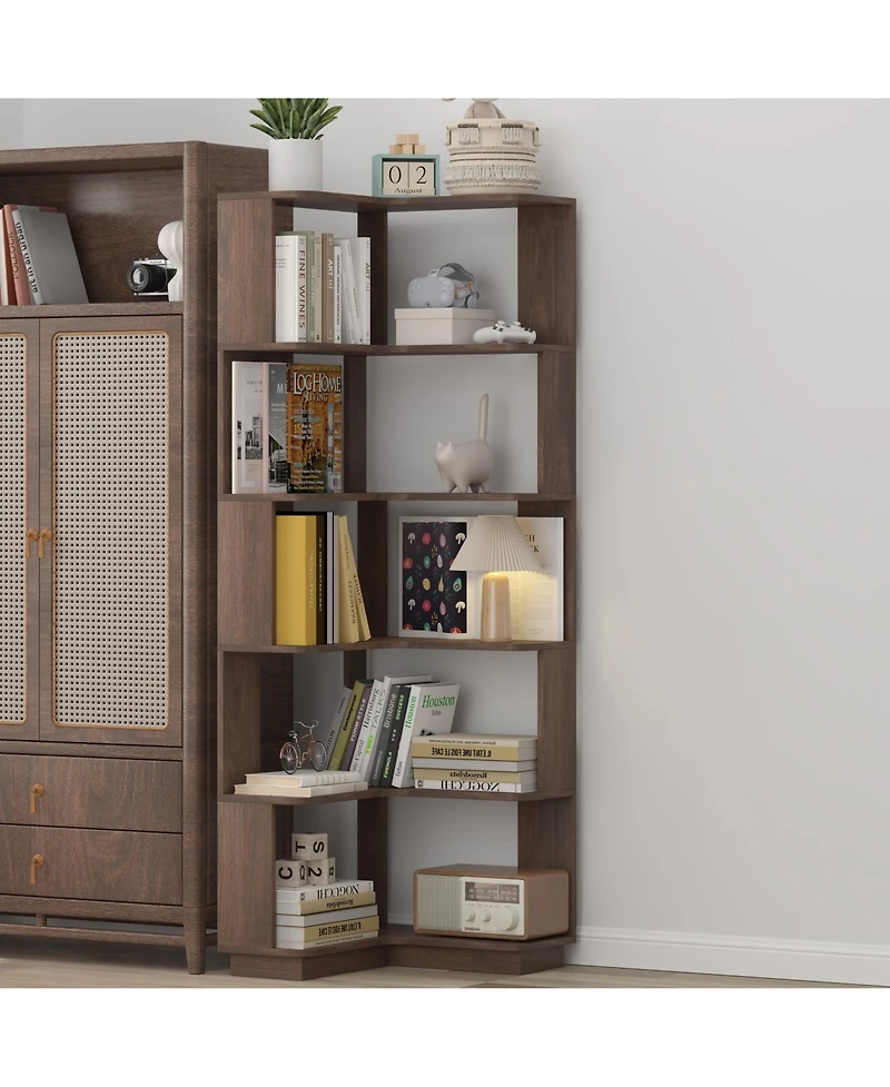 Rainsken 5 Tier L-Shaped Corner Bookshelf, Wooden Open Display Shelve, Storage Rack with Anti-Drop Panels for Living Room or Home Office