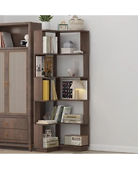 Rainsken 5 Tier L-Shaped Corner Bookshelf, Wooden Open Display Shelve, Storage Rack with Anti-Drop Panels for Living Room or Home Office