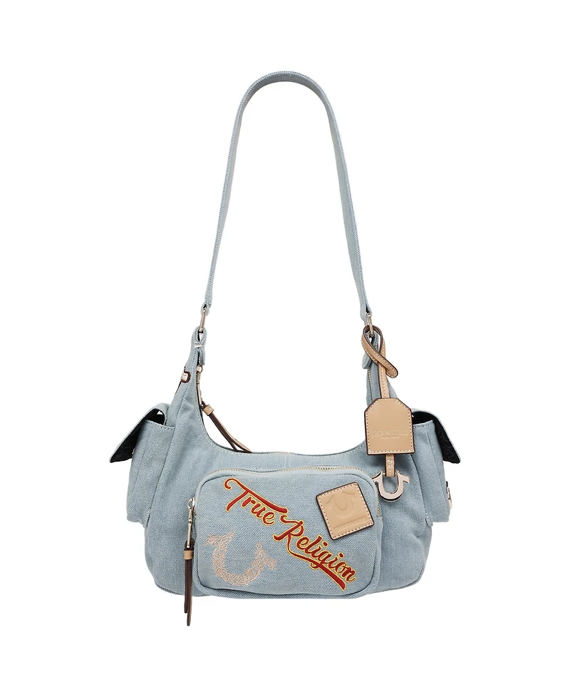 True Religion Multi-Patch Denim Hobo Shoulder Bag
