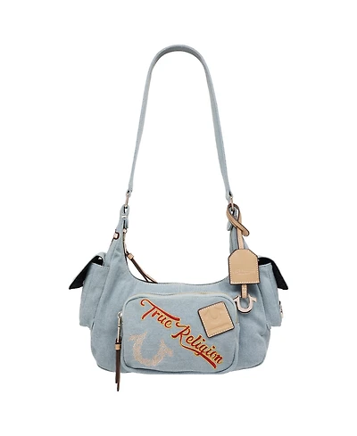 True Religion Multi-Patch Denim Hobo Shoulder Bag