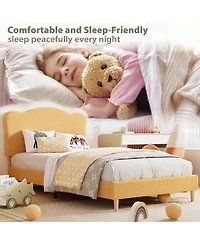 gaomon Bed Frame for Kids with Scallop Headboard, Velvet Upholstered, Sturdy Platform