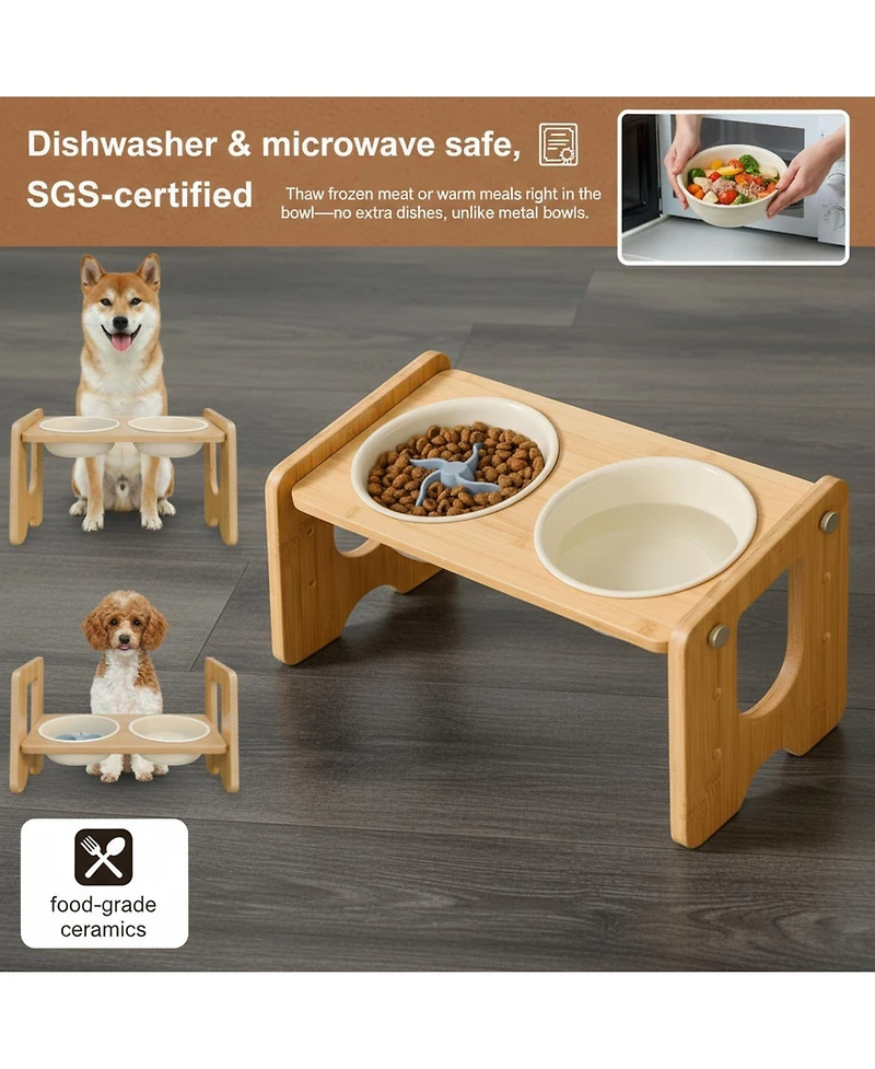 Aronkl Ceramic Dog Bowl with Stand Adjustable 3 Heights 13° Tilt 2×22 Oz Non-slip Bamboo Stand