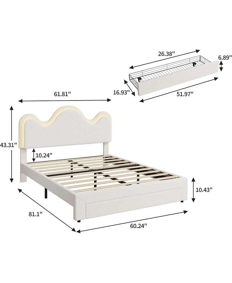 gaomon Queen Bed Frame Adjustable Upholstered Headboard Storage Drawers Boucle Lamb Fleece Led Kids Bed Wood Slats