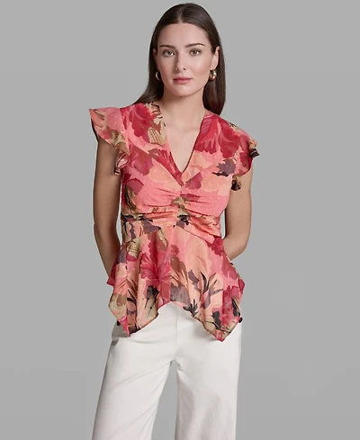 Bcbg Women's Ruched Flutter-Sleeve Printed Top
