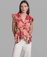 Bcbg Women's Ruched Flutter-Sleeve Printed Top