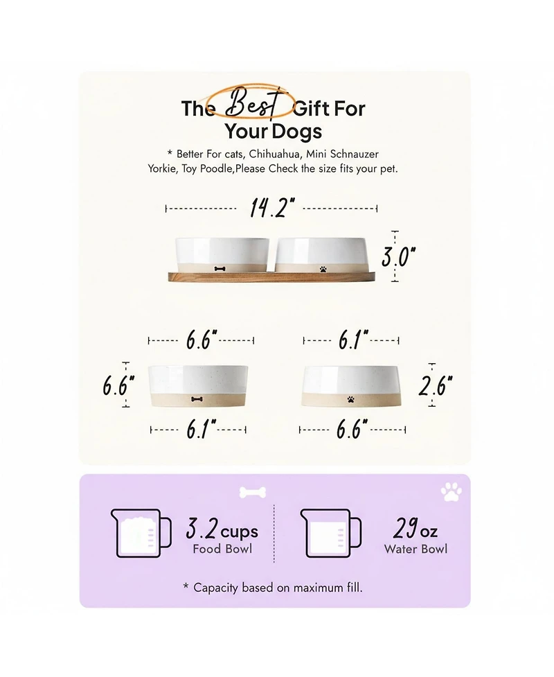 Aronkl Ceramic Dog Bowls Set with Wood Tray Food Water Non-Slip Stable Farmhouse Style