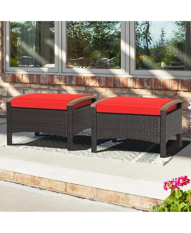 Gymax 2PCS Patio Ottomans Wooden Handles Rattan Knitting Foot Pedal Red