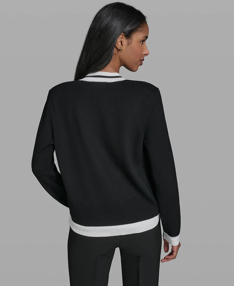 Karl Lagerfeld Women's Open-Front Long-sleeve Knit Cardigan with Contrast Trim
